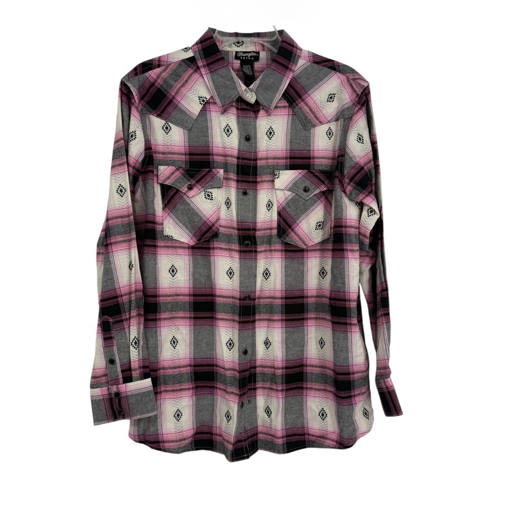 Wrangler Retro Woman Size M Pearl Snap Western Shirt Cowgirl Rodeo Plaid Pink